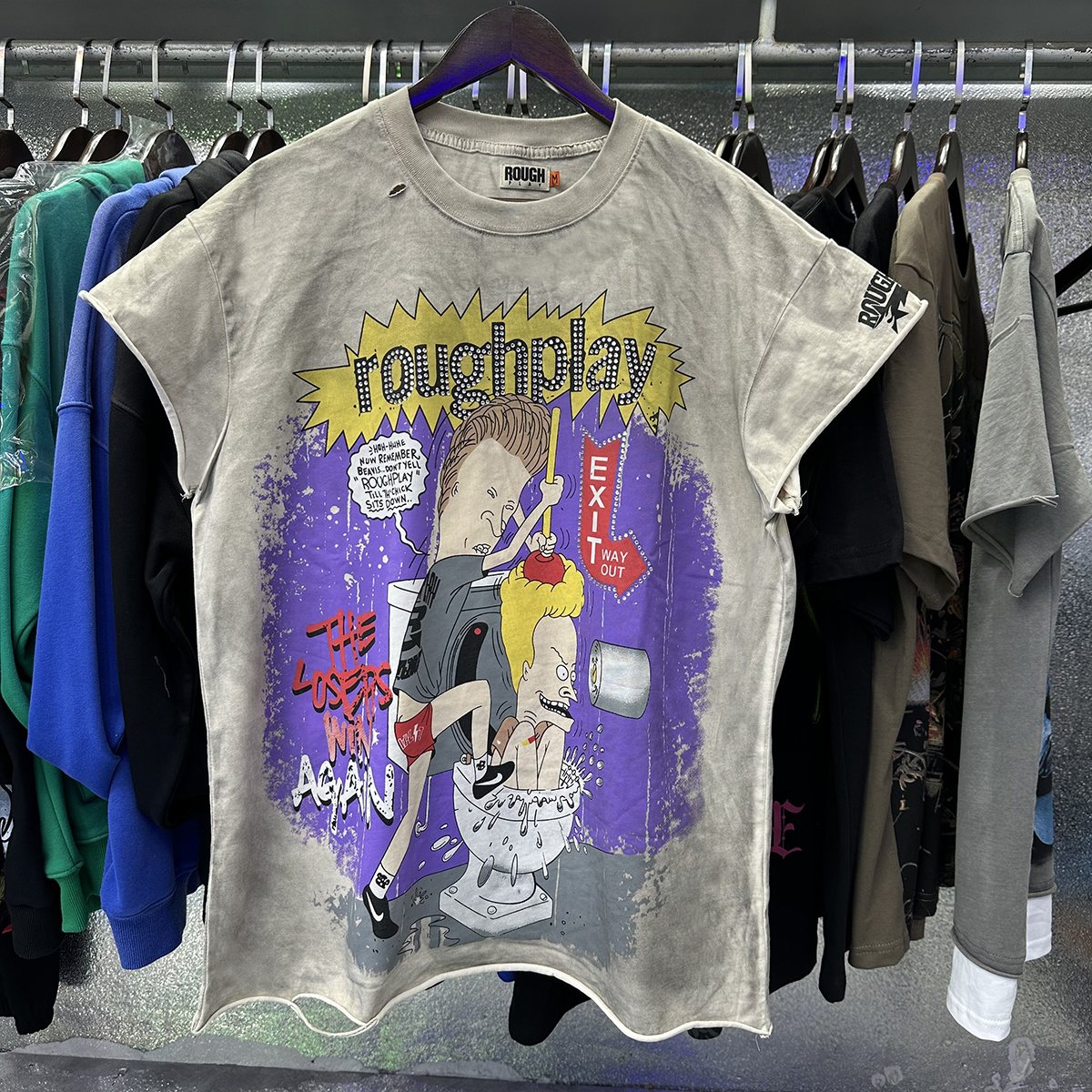 Rough Play Rhinestone Cartoon Graphic Distressed T-Shirt — context
