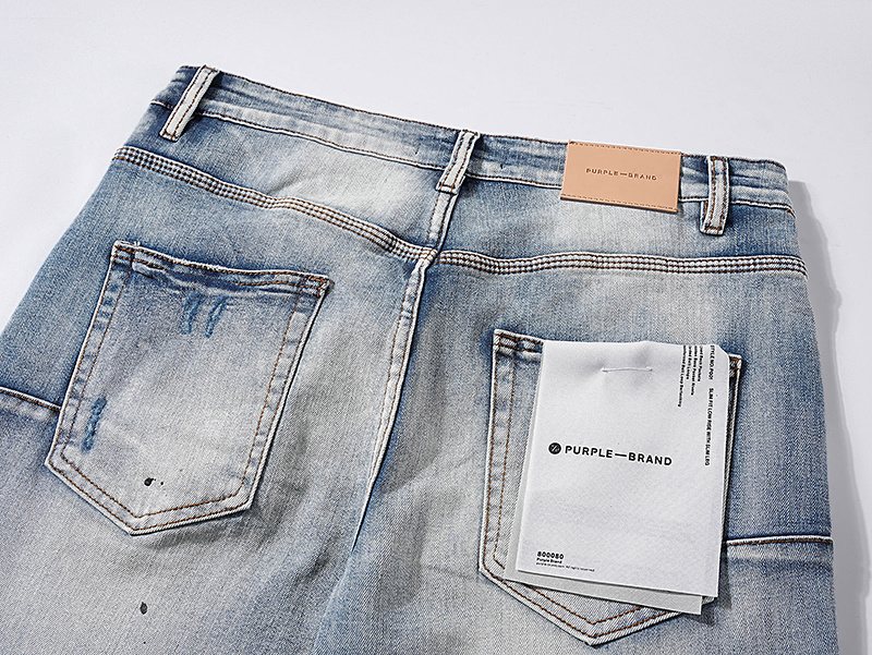 Purple Brand Light Blue Distressed Paint Splatter Jeans — detail