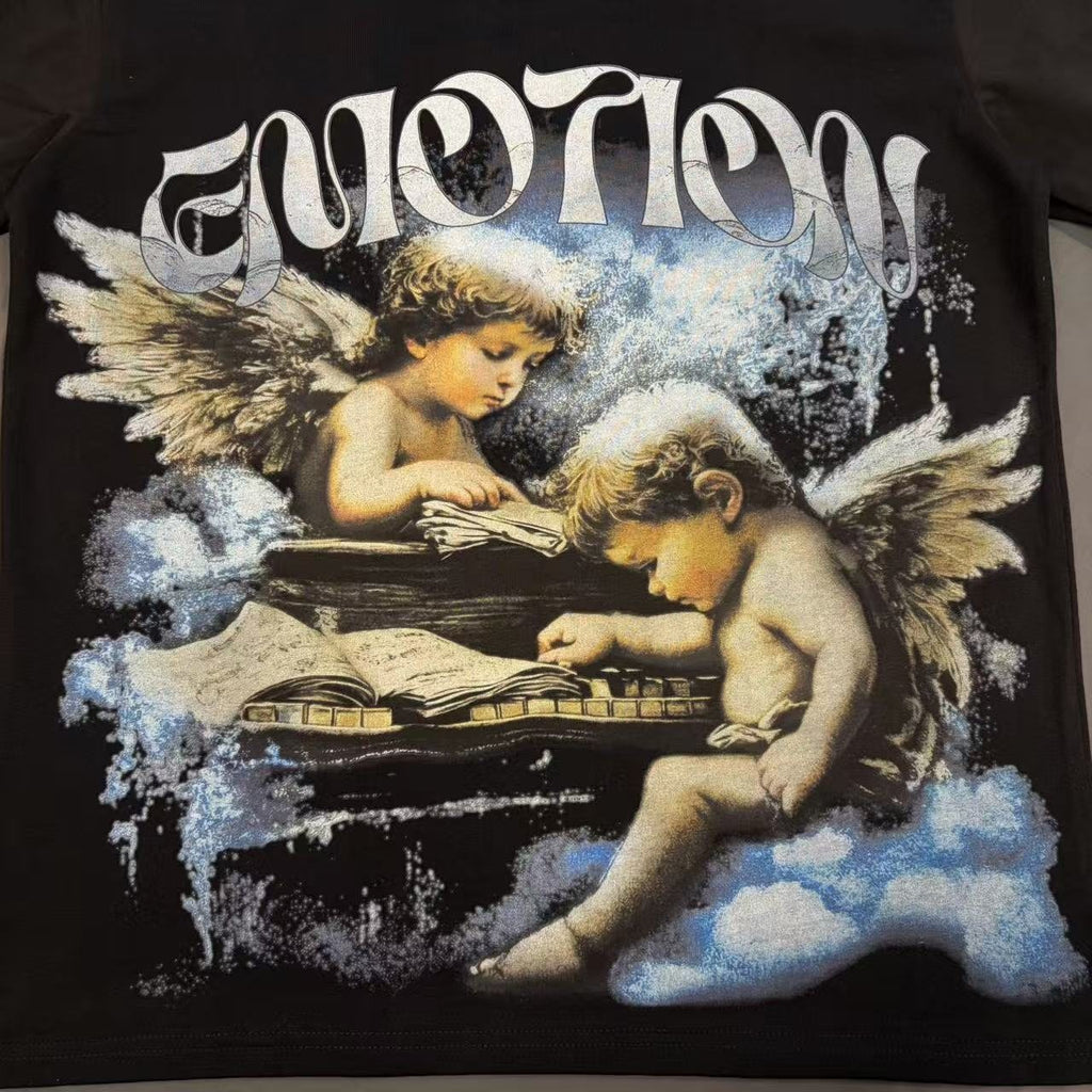 MIXED EMOTION Black Cherub Abstract Graphic T-Shirt — detail
