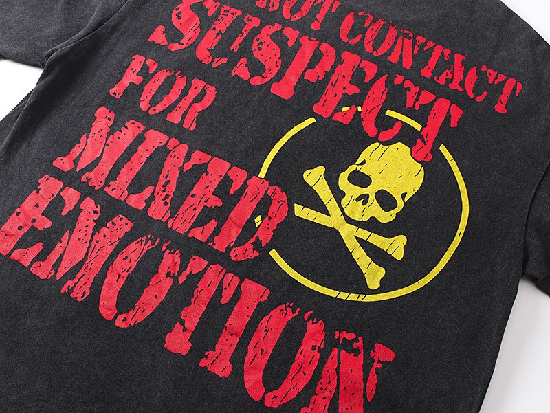 MIXED EMOTION Washed Black Distressed Graphic T-Shirt — detail