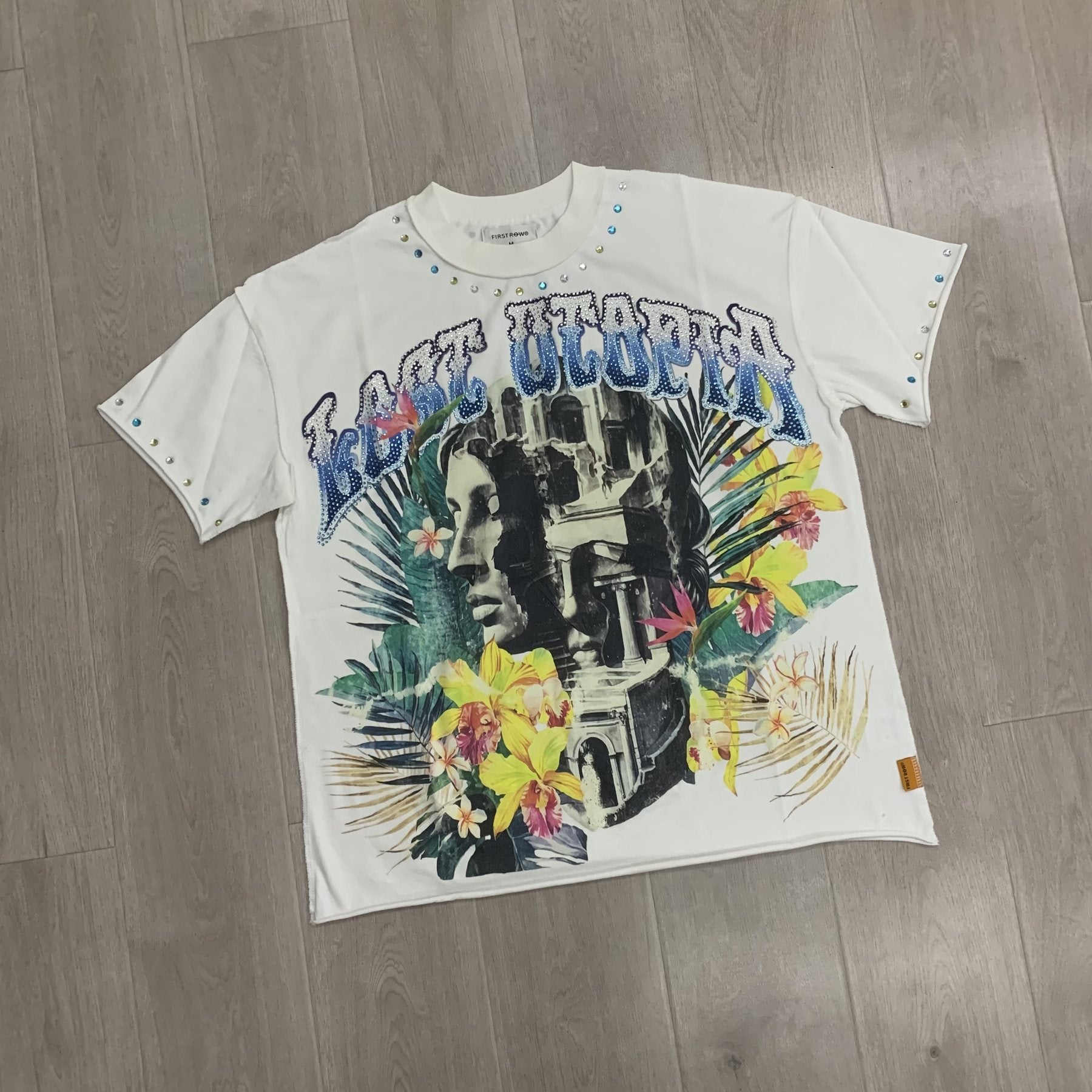 FIRST ROW Tropical Statue Rhinestone Graphic T-Shirt — front