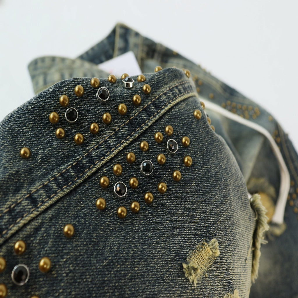 VALLEY Studded Distressed Washed Denim Shorts — detail
