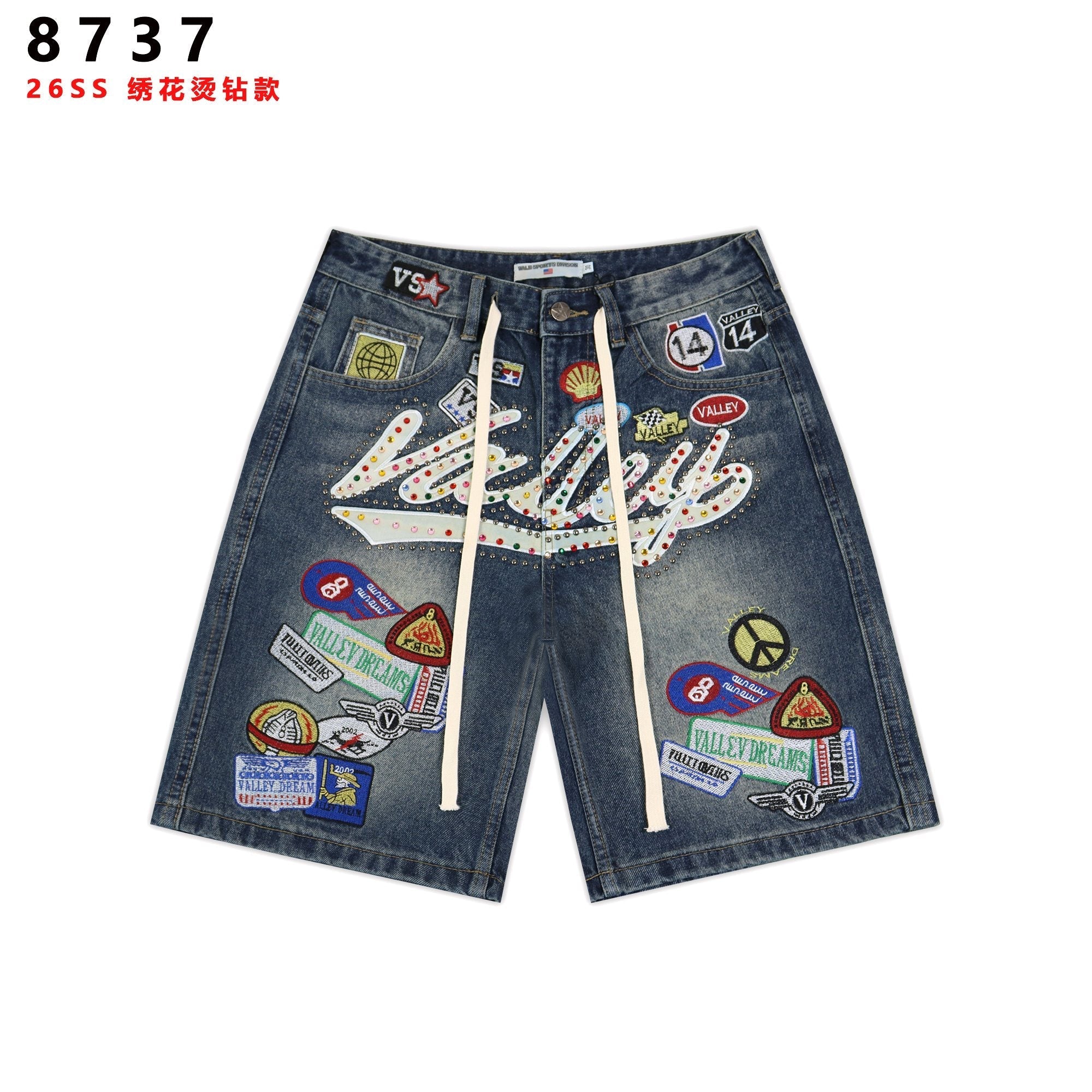 VALE SPORTS DIVISION Patch Embroidered Studded Denim Shorts — hero