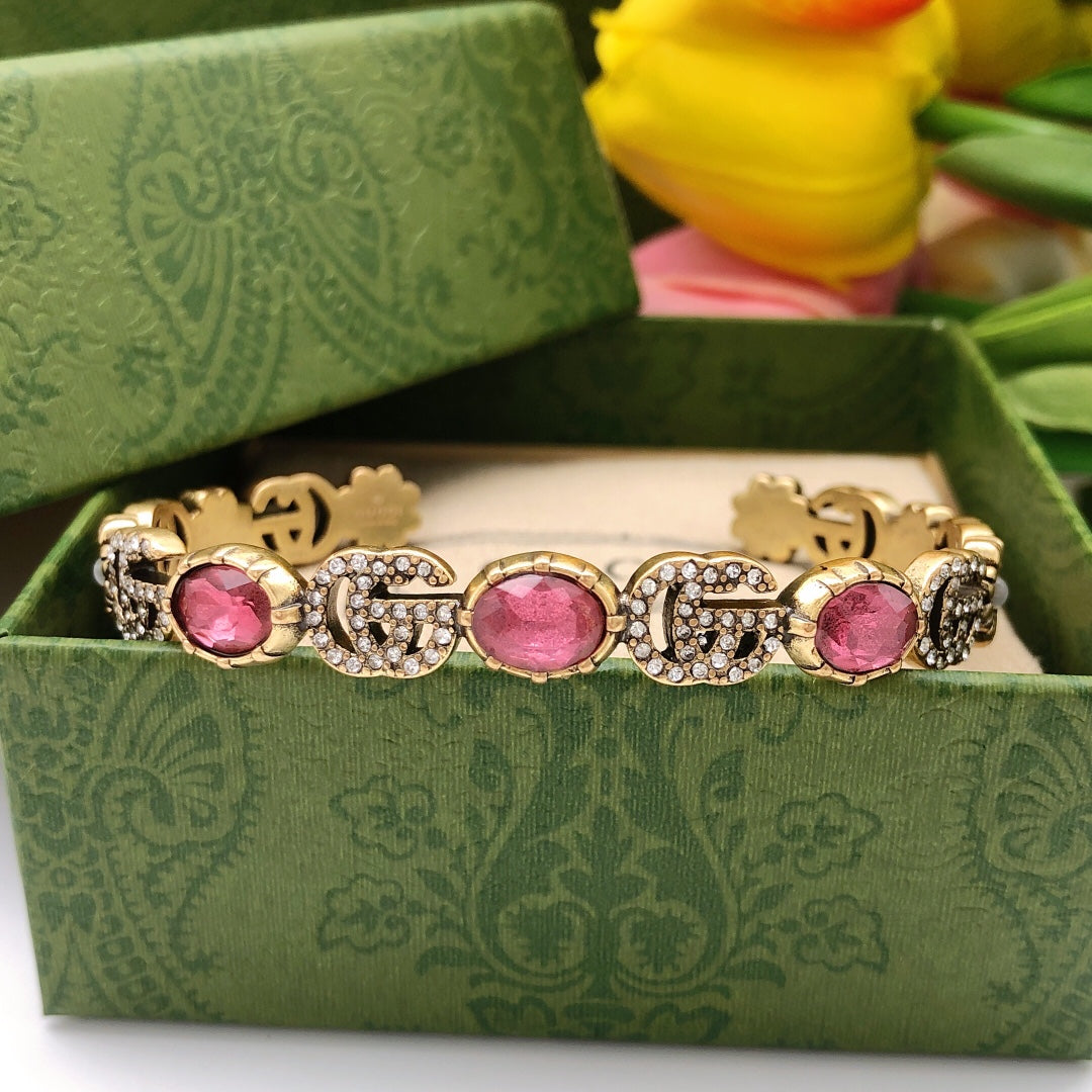 18K Double Gucci Red Crystals Open Cuff Bracelet